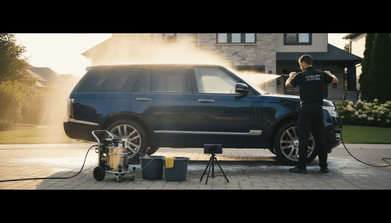 Professional detailer foam washing a dark SUV in a residential driveway with pressure washer and detailing equipment