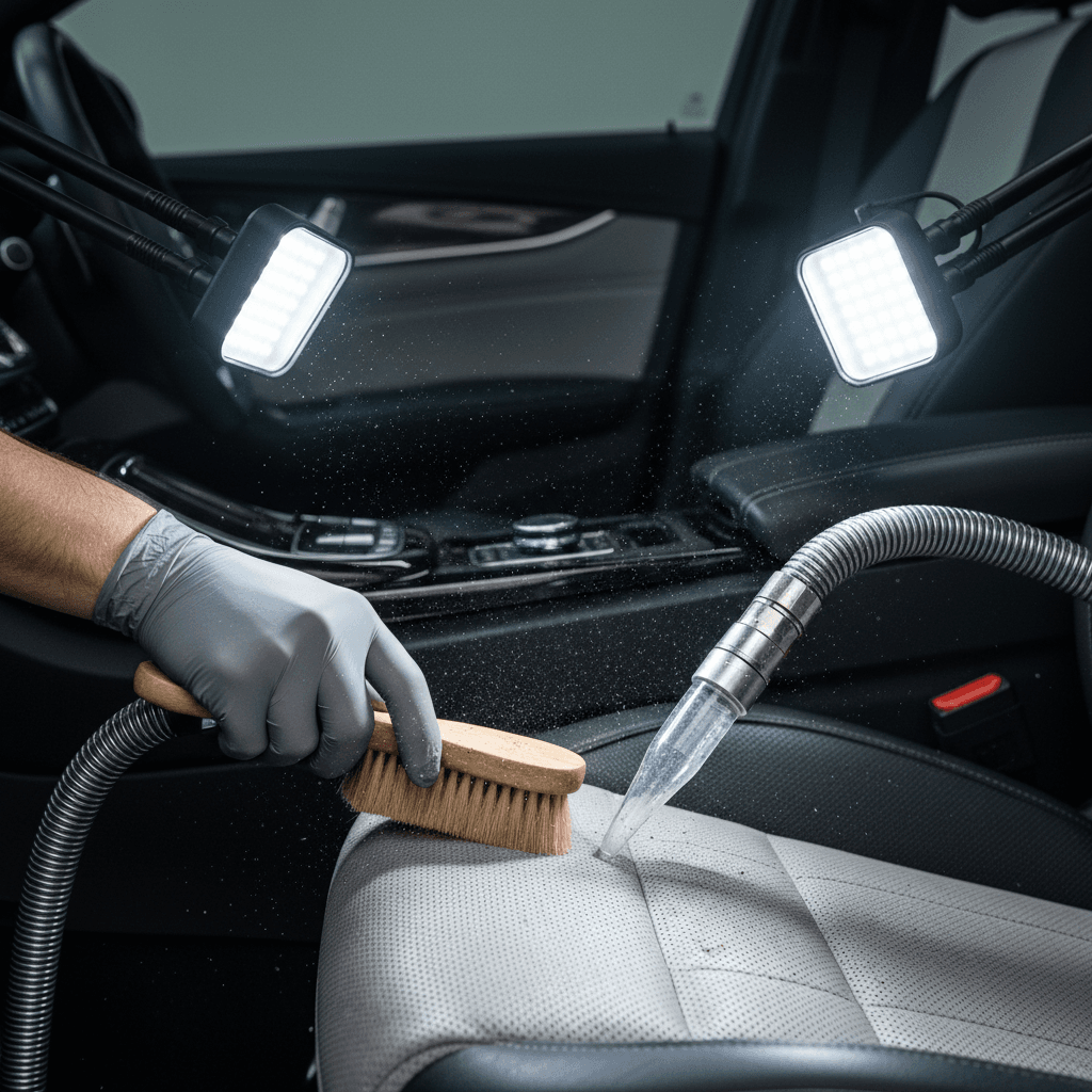 Steam cleaning a car seat with an upholstery tool