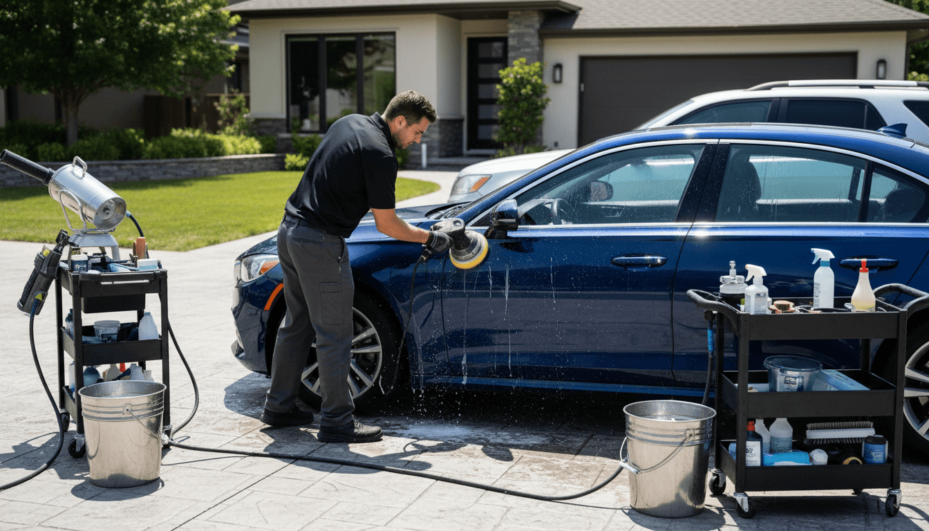 Detailer foam-washing a car in a residential driveway