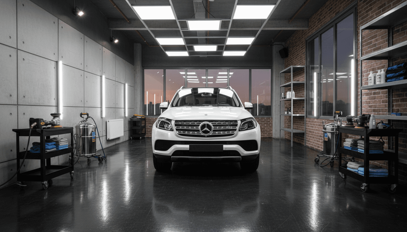 Detailer working on a car inside an underground parkade with portable lights