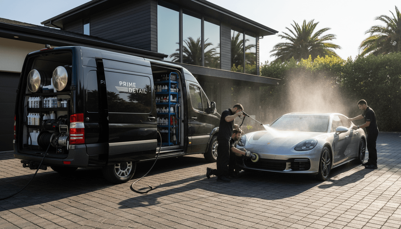 Water tank and generator setup inside a mobile detailing van