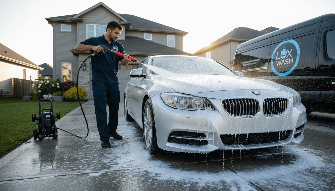 Mobile detailer washing a car at a residential home with self-contained equipment