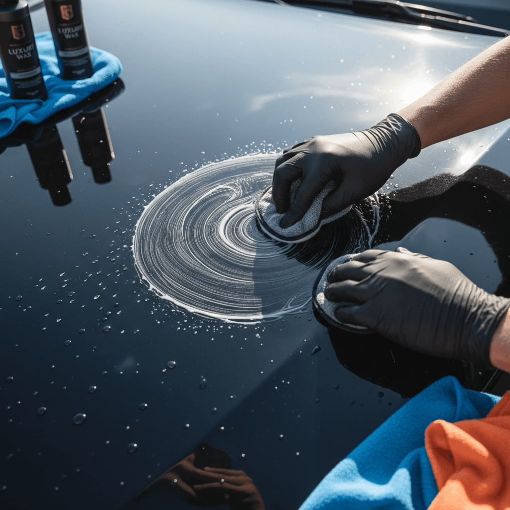 Close-up of a freshly detailed dark car hood with water beading, showing a clean, glossy finish